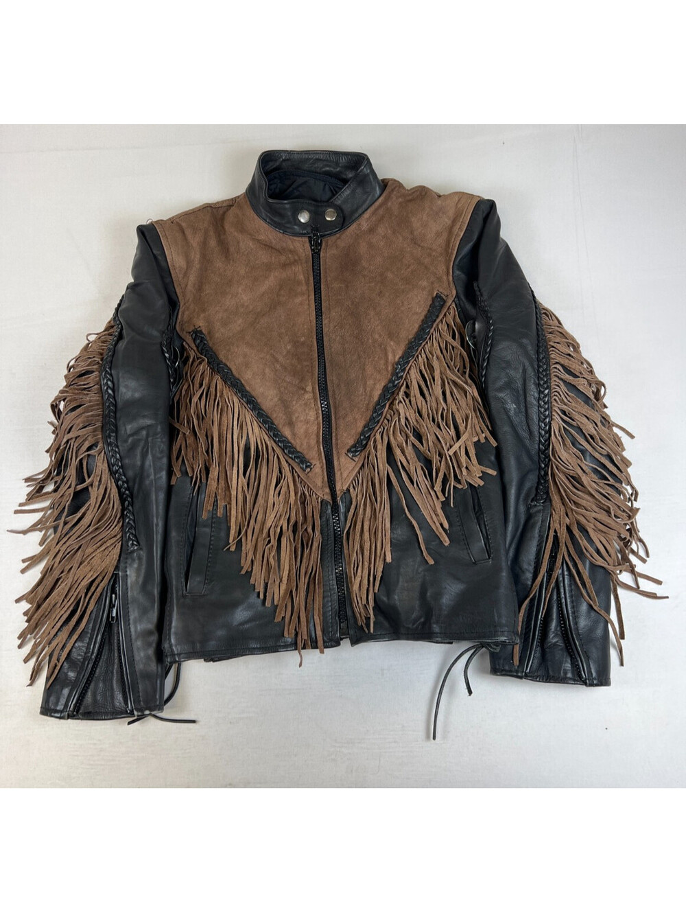 Vintage Women's Black Brown Leather Fringe Western Biker Jacket Motorcycle Coat